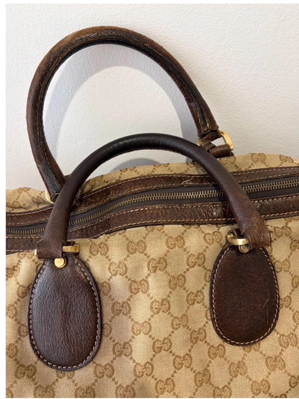 Gucci Beige Monogram Canvas Duffel with Brown Leather Trim